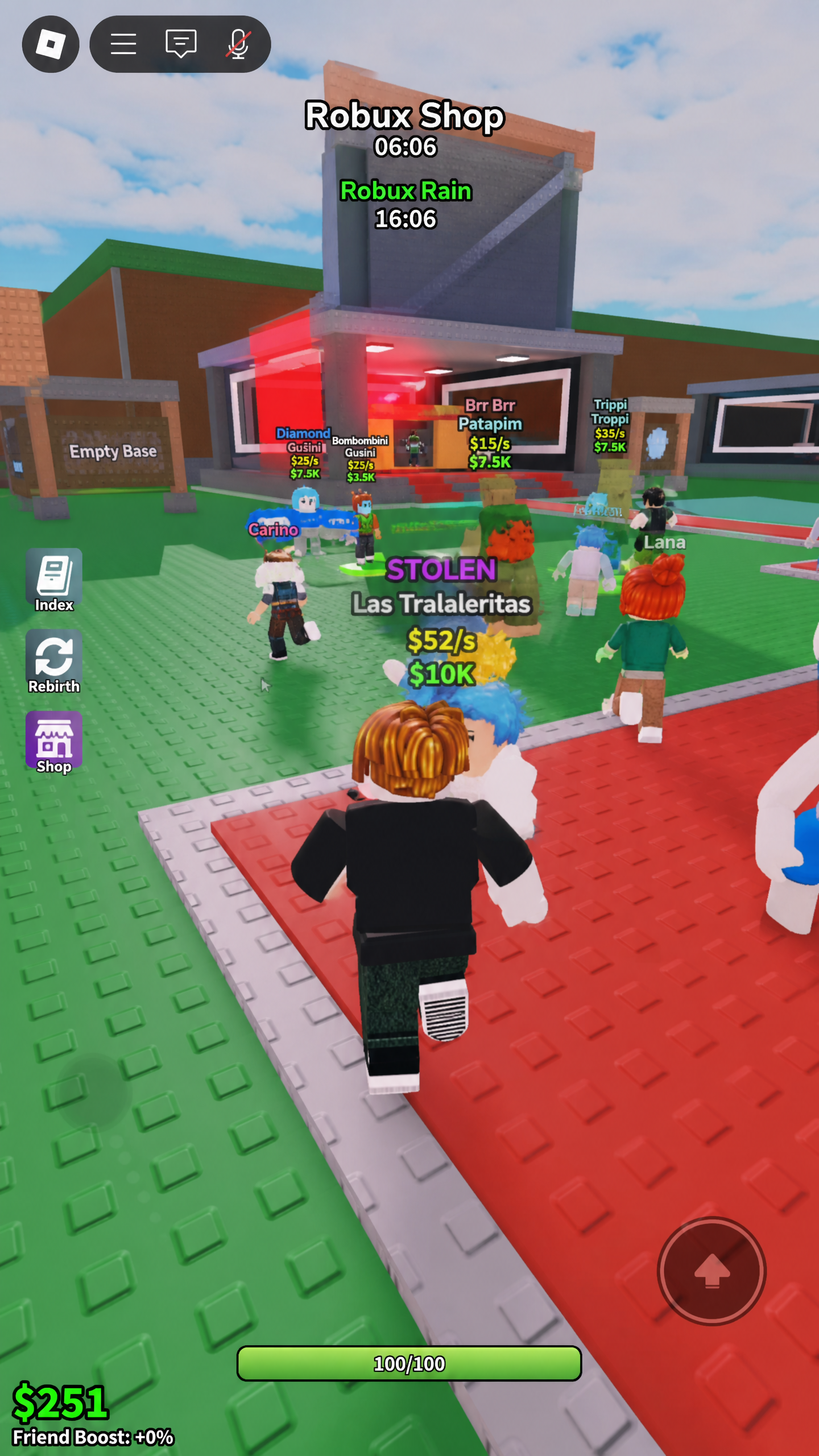 Captura de pantalla de Steal a Brainrot en Roblox con varios jugadores robando objetos y mostrando la interfaz del juego en tiempo real